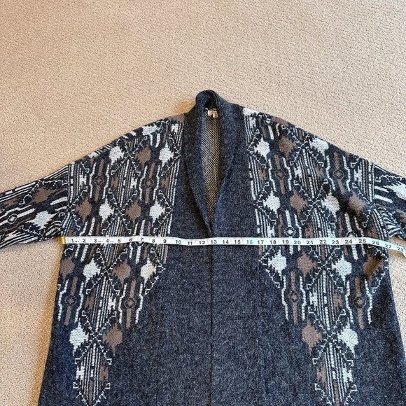 Debut Sweater Long Open Cardigan Boho Geometric Gray White Taupe Size M/L #C8023 - Picture 4 of 10
